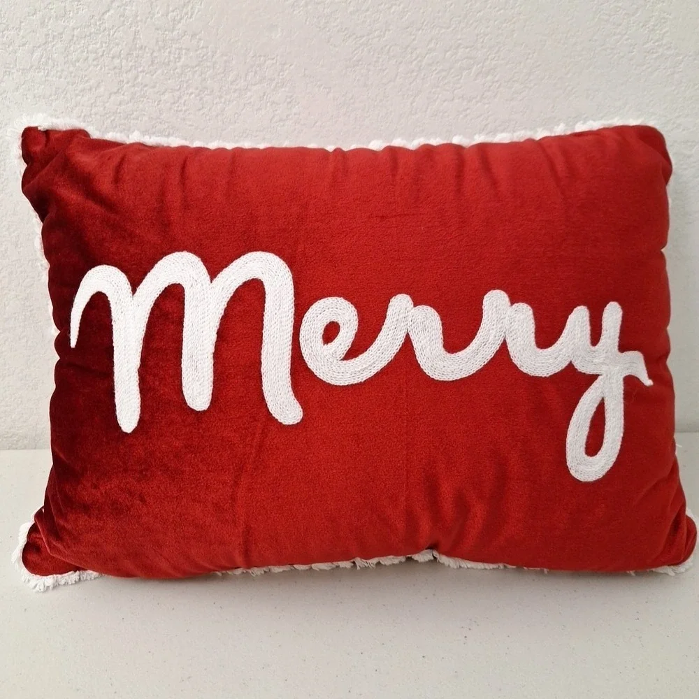 Silky Red Velvet Merry Christmas Pillow Stitched Script w/ Fringe 18